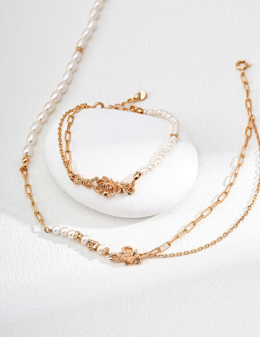 Armband & Halskette mit Naturperlen - 925er Silber, Antik-Gold