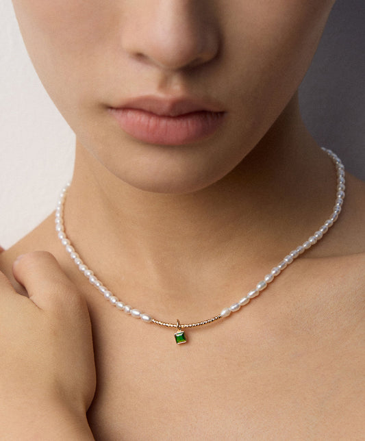 925er Silber Armband & Halskette mit Naturperlen + grünem Zirkonia