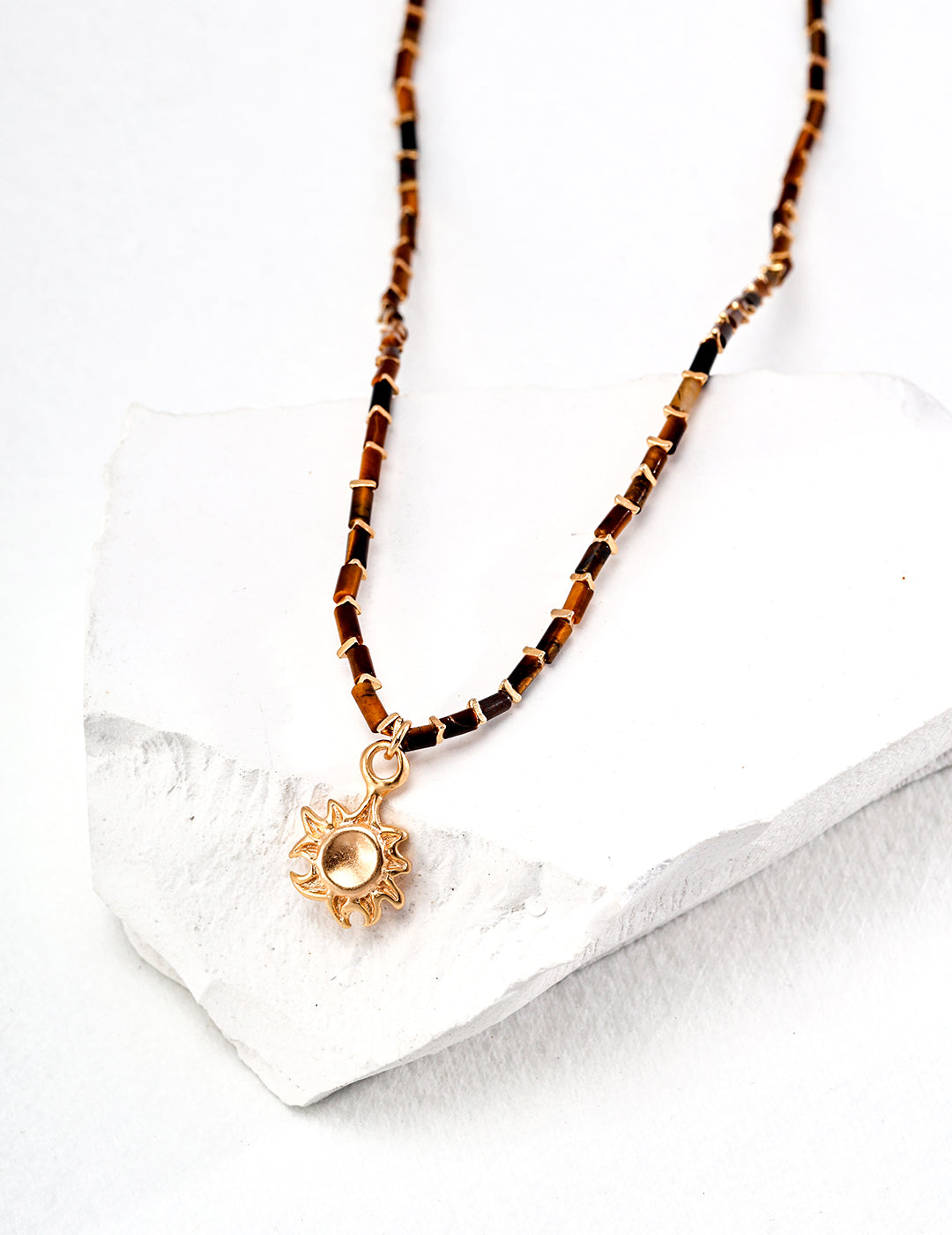 Tigerauge-Perlenkette mit Sonnenanhänger – 925 Silber