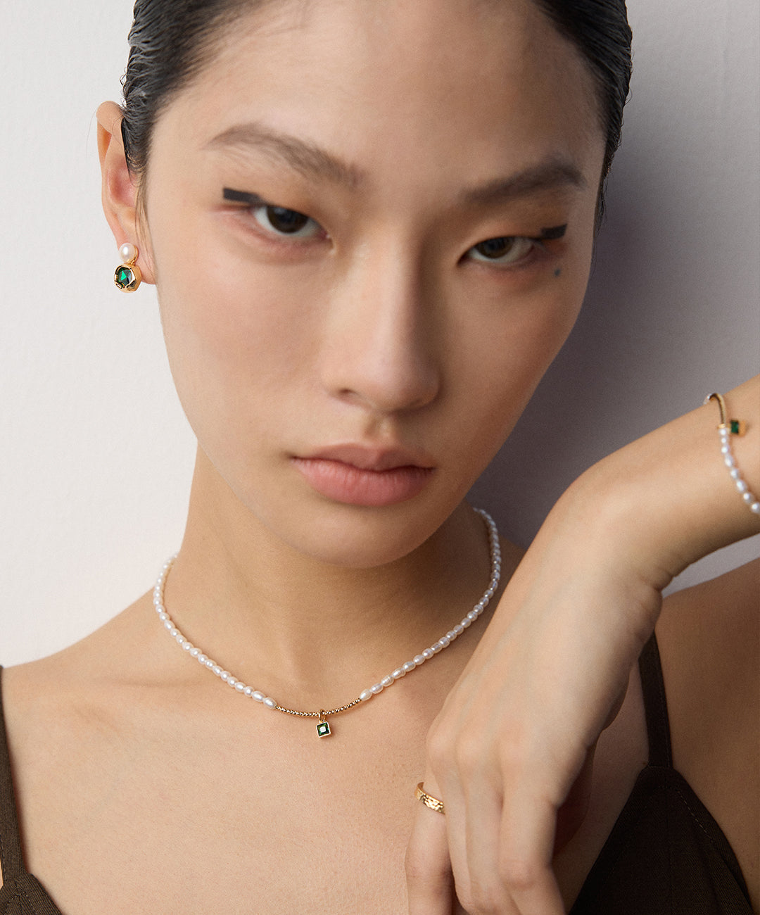 925er Silber Armband & Halskette mit Naturperlen + grünem Zirkonia